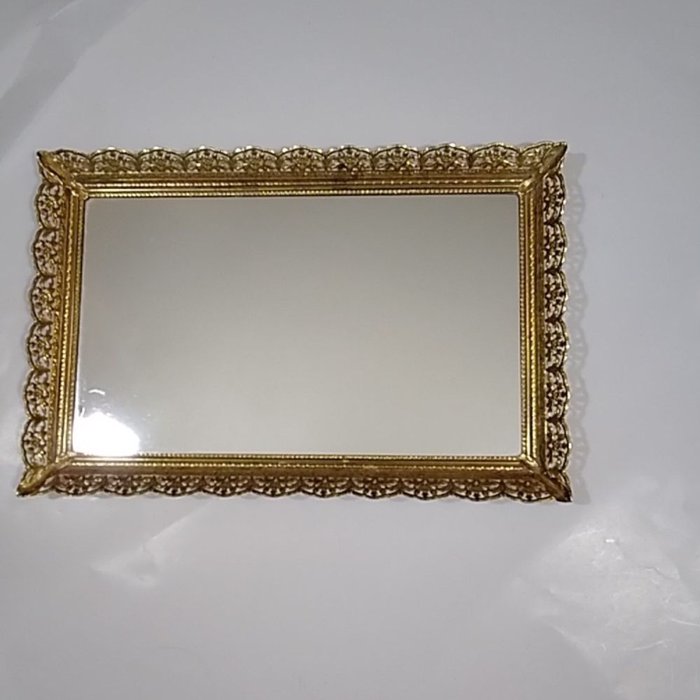Vintage Perfume Tray Vanity Mirror Gold Tone Color Rectangle